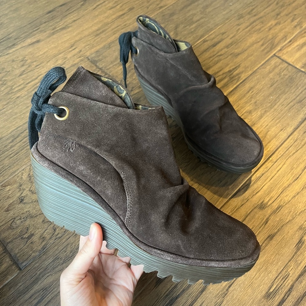 FLY London Yebi Wedge Boots, Espresso Brown, Women’s EU 39 / US 8-8.5